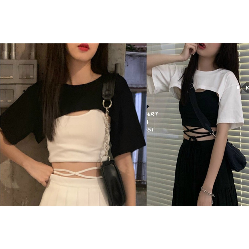 Set croptop chất ngầu đen trắng🤍 ACRN 58, cột dây quanh eo sexy gồm áo thun crop tay ngắn + bra hai dây, nhảy dance
