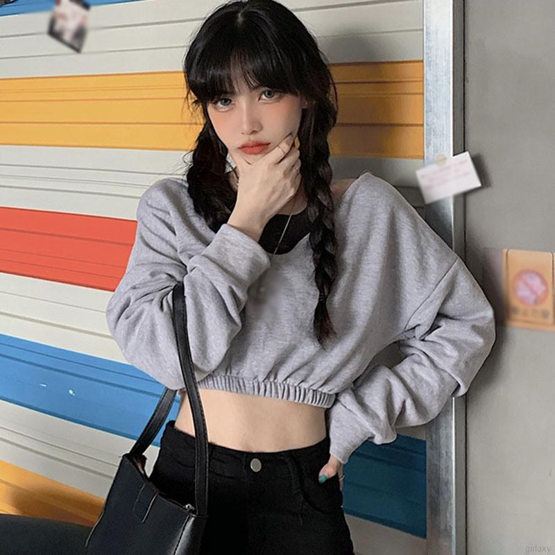 Áo Croptop Nữ Tay Dài Trễ Vai Màu Trơn Phong Cách Hàn Quốc