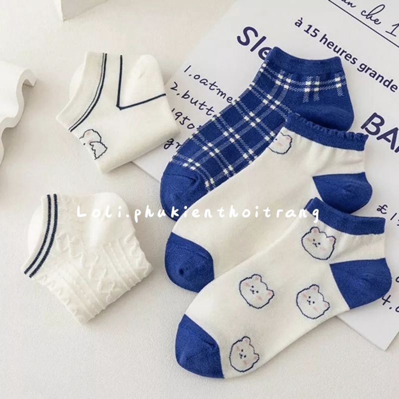 Tất Vớ Nữ Cổ Ngắn Họa Tiết Gấu Tone Xanh Trắng