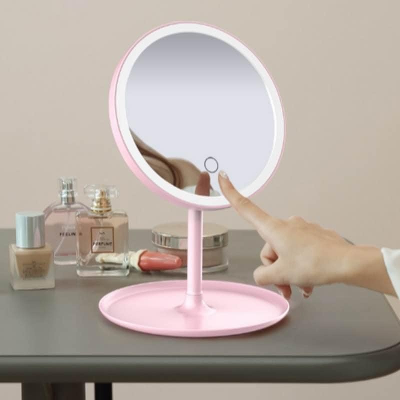 Gương Trang Điểm Có Đèn Led Cảm Ứng 3 Chế Độ Ánh Sáng - Gương MakeUp Tròn Màu Hồng Phấn