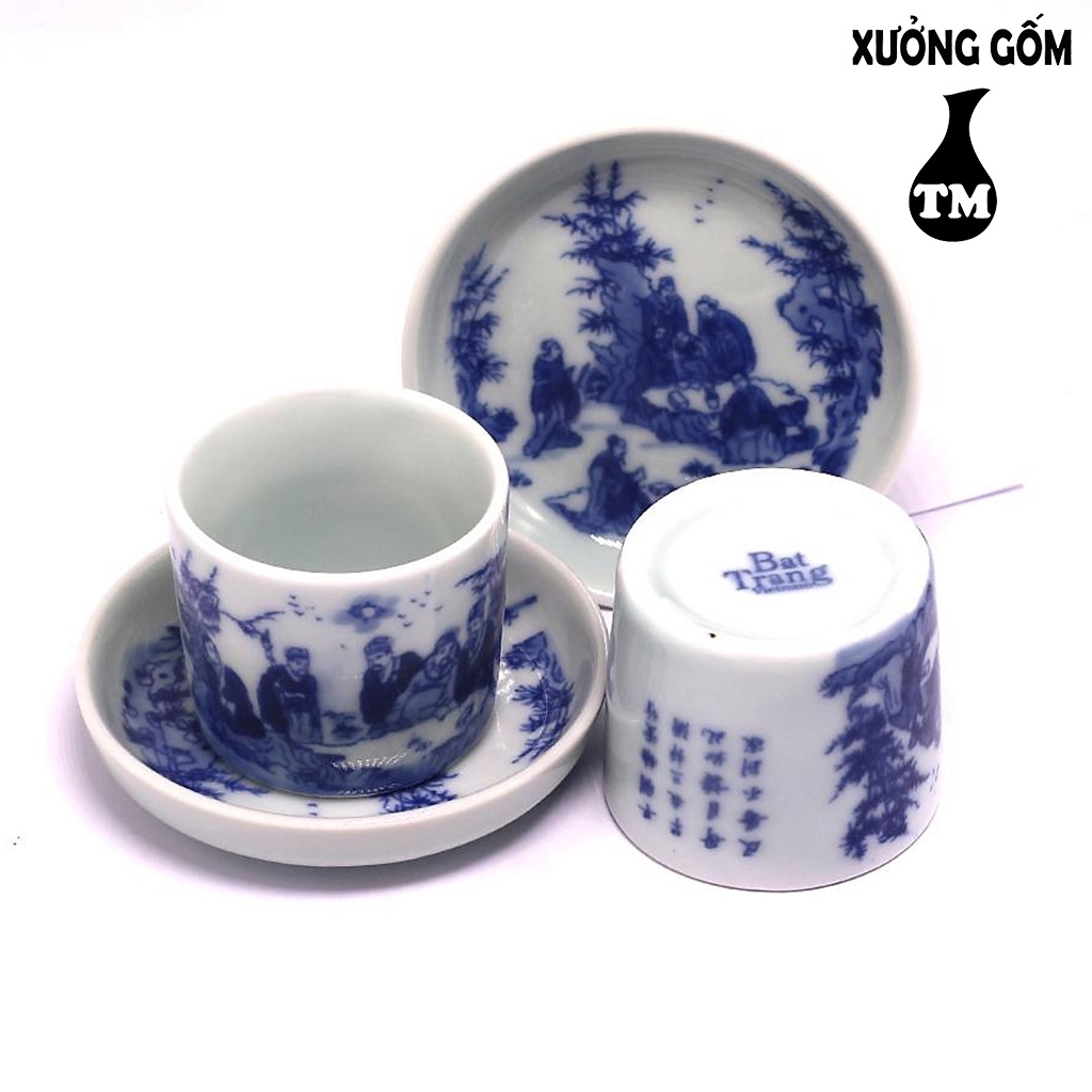 Bộ Ấm Tích Pha Trà Bát Tràng Hãm Chè Xanh men trắng cao cấp dáng lục giác vẽ bát tiên