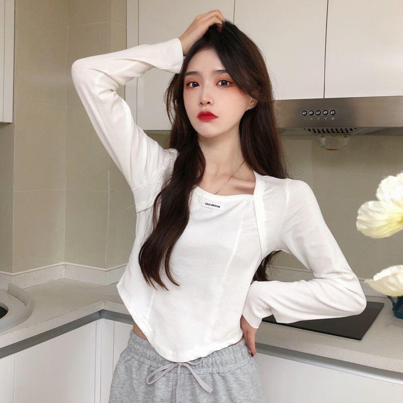 ZHELIHANGFEI Áo Thun Tay Dài Cổ Vuông Form Ôm Kiểu Dáng Ngọt Ngào Dễ Phối Đồ