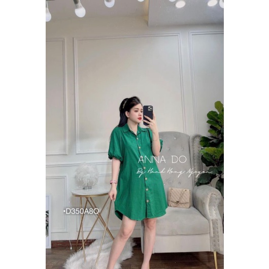 Váy Sơ Mi Suông Ngắn Tay Bồng Tiểu Thư Áo Kiểu Sơ Mi Form Dài Dáng Giấu Quần Kate Thô Mịn Màu Xanh Lá D305A8O