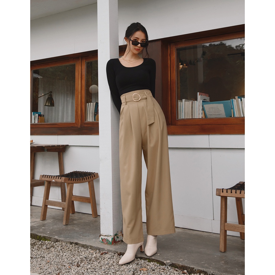 Quần ống rộng lưng cao 2 cách mặc (kèm belt) nữ Air Space Lady 2141823003