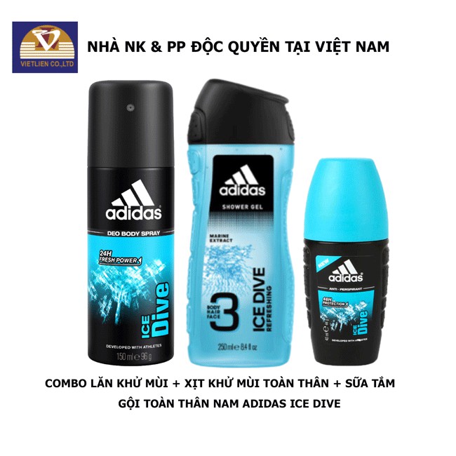 COMBO Lăn khử mùi  + Xịt khử mùi toàn thân + Sữa tắm gội toàn thân Nam Adidas Ice Dive