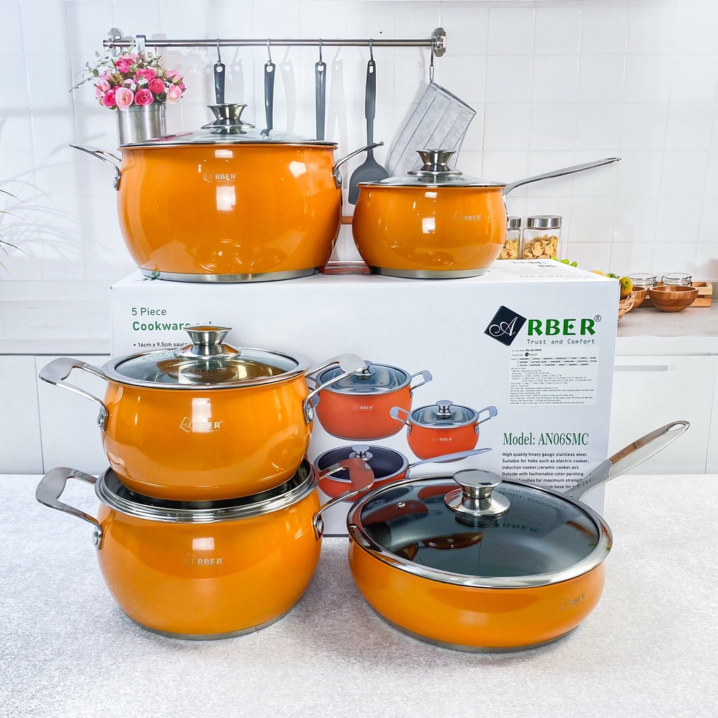 Bộ nồi chảo 5 món Arber An06smc màu cam, bộ nồi inox 304 cao cấp, bộ nồi 3 đáy siêu dày siêu chắc chăn