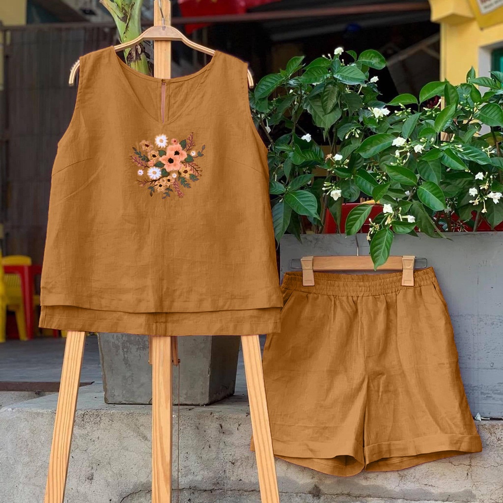 Đồ Bộ Nữ, Kiểu Sát Nách Quần Cộc, chất liệu Vải Đũi Cao Cấp, thương hiệu Sweet Home, mã E3