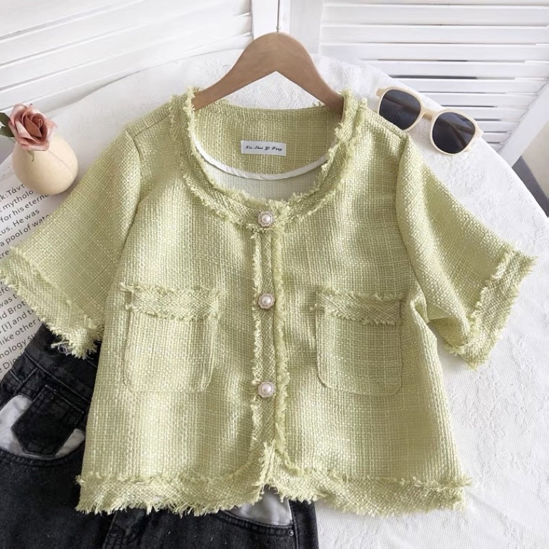 Áo khoác ngoài dạ tweed cúc sang chảnh croptop áo cổ tròn lửng xinh xắn hàn quốc