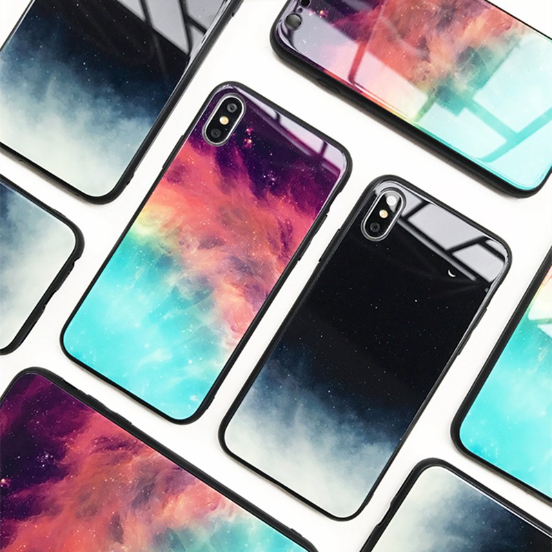 Ốp điện thoại mặt kính cường lực họa tiết bầu trời lấp lánh cho iPhone X XR XS MAX 6p 7 8plus