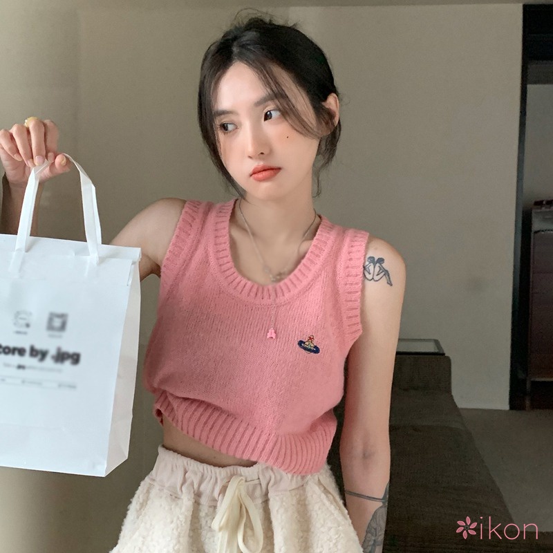 Áo Dệt Kim Hai Dây Màu Sắc Đơn Giản Thêu Họa Tiết Phong Cách Hàn Quốc