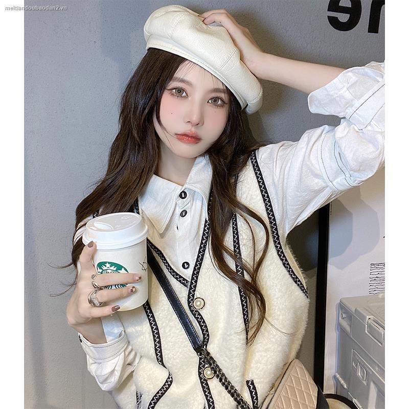 Áo khoác cardigan dệt kim cổ chữ V màu sắc tương phản thời trang mùa thu cho nữ