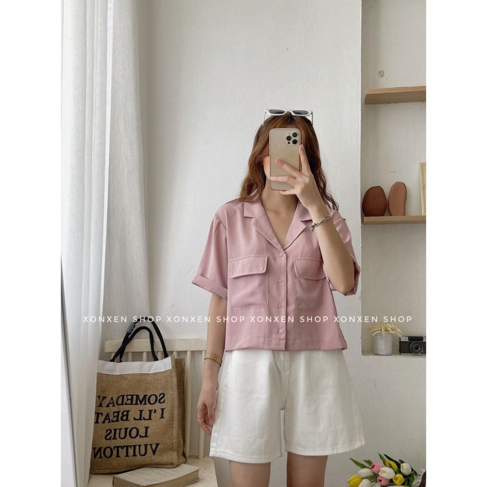 ÁO SƠ MI NỮ XONXEN SHOP, áo sơ mi cổ vest túi trước, freesize, mã 43