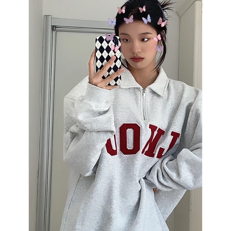 Áo sweater polo form rộng chất nỉ bông dày dặn màu ghi hoạ tiết chữ phong cách ulzzang SẴN