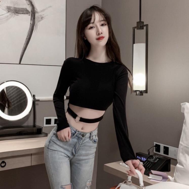 Áo Croptop Nữ Dài Tay Khuyên Eo 🦋 Áo Thun Nữ Đen Dáng Lỡ 🦋[giá rẻ] | BigBuy360 - bigbuy360.vn
