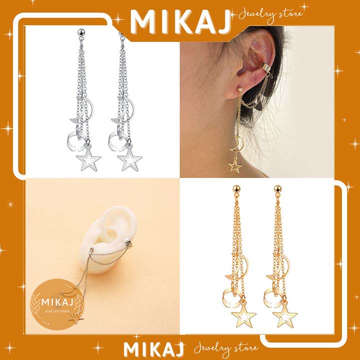Bông tai nữ dáng dài titan màu bạc không gỉ hàn quốc sang chảnh cá tính dễ thương hình trăng sao MIKAJ STORE
