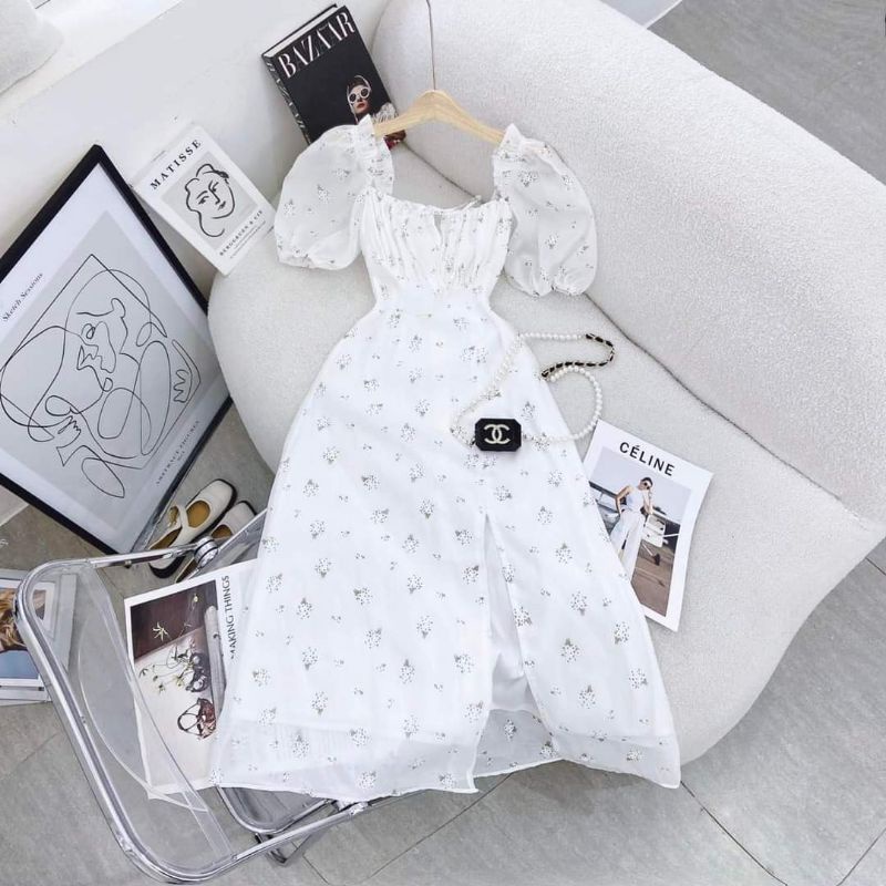 Đầm midi hoa trắng ngực xếp li DD188