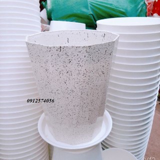 Combo chậu và đĩa lót đáy giả đá màu trắng đường kính trên 25cm và cao 30cm