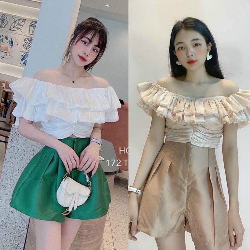 (về màu mới ) SET ÁO TƠ BẸT VAI TRẮNG + QUẦN SHORT XANH TAFTA