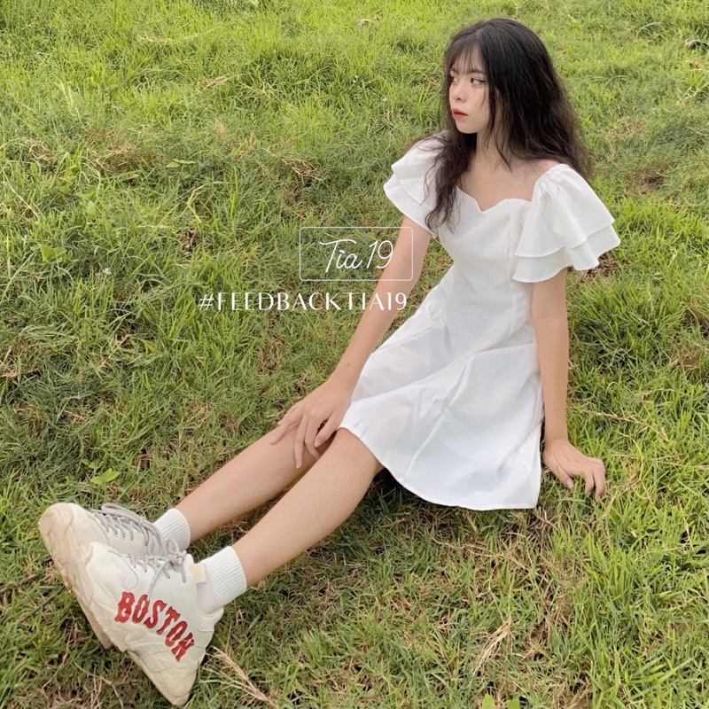 Váy trễ vai tay bèo Tia19. Đầm rớt vai dáng xoè dự tiệc ulzzang ( Ảnh thật) | BigBuy360 - bigbuy360.vn