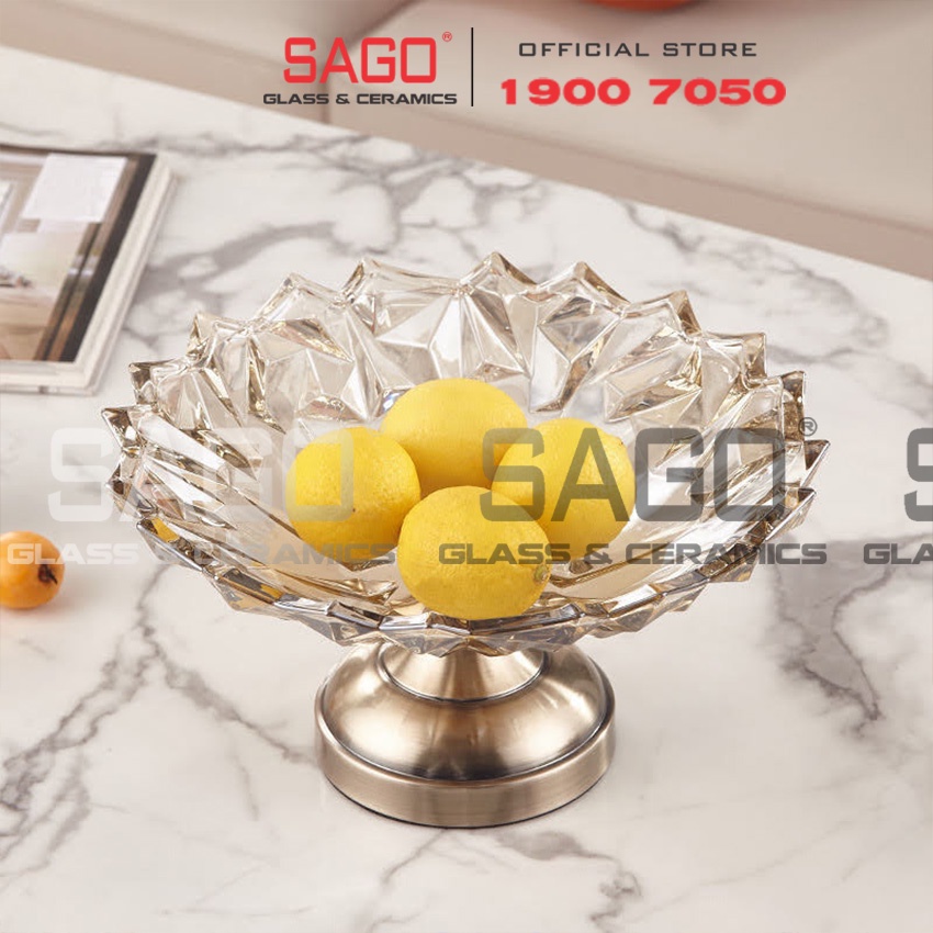 Đĩa Thủy Tinh Trái Cây Có Chân Mạ Đồng Họa Tiết Kim Cương Cao Cấp | Tùy Chọn Size