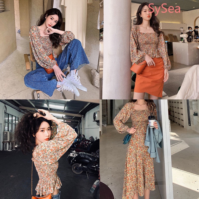 Áo Chiffon Tay Dài In Hoa Phong Cách Retro Cho Nữ