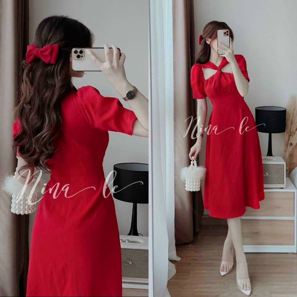 Đầm váy nữ cổ giả yếm tay ngắn ôm điệu đà nữ tính ( chất liệu lụa nhung ) mẫu phù hợp mọi phong cách