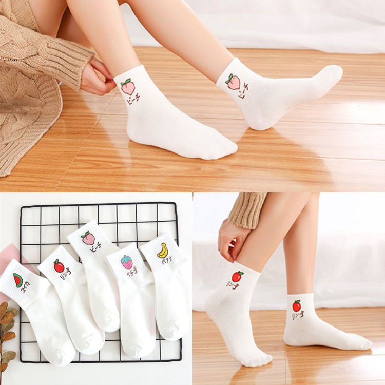 Xiaozhainv Tất thể thao ngắn dáng rộng in hình trái cây phong cách Hàn Quốc