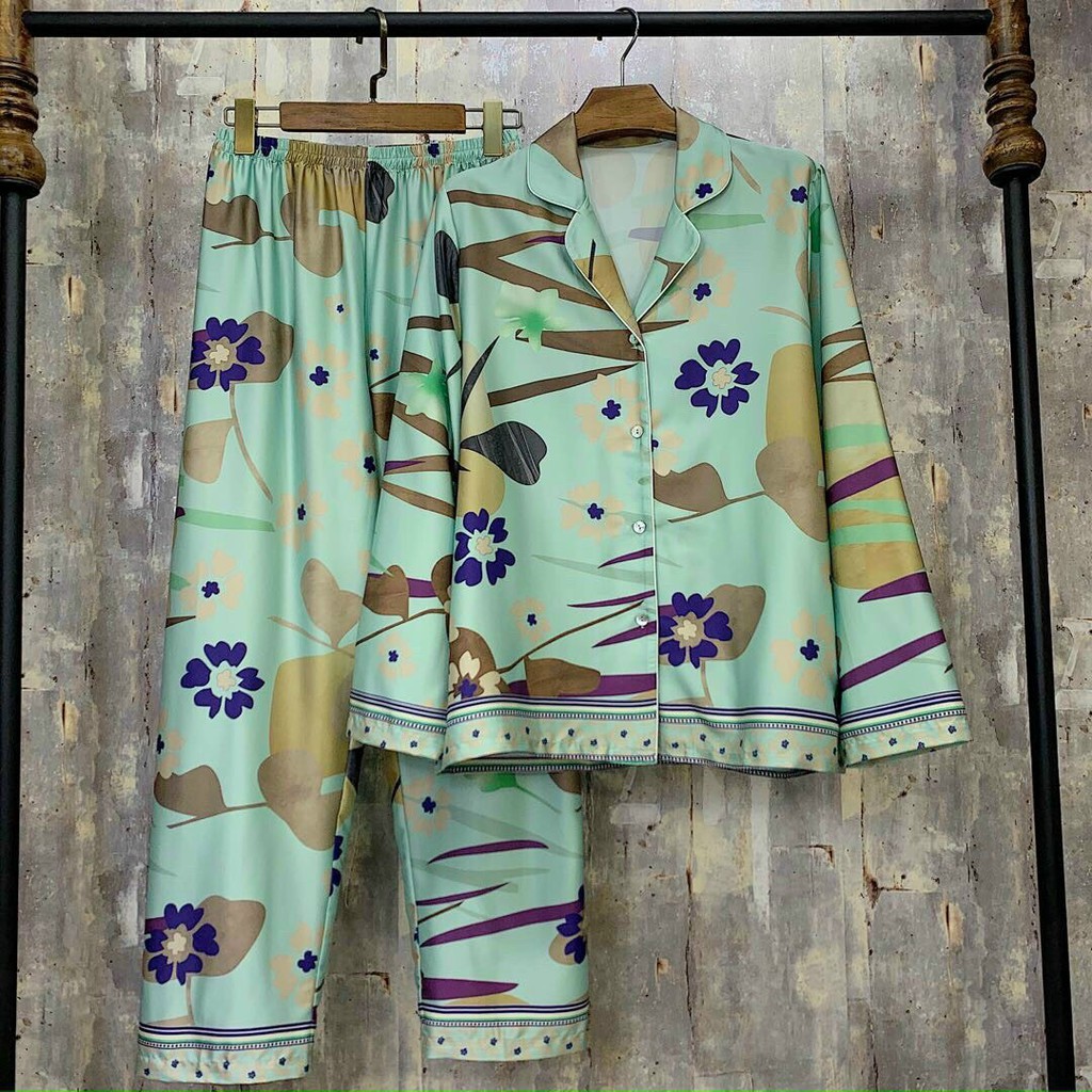 Bộ đồ ngủ mặc nhà LyLy dài tay lụa satin kiểu pijama hoạt tiết sang trọng L208 | BigBuy360 - bigbuy360.vn