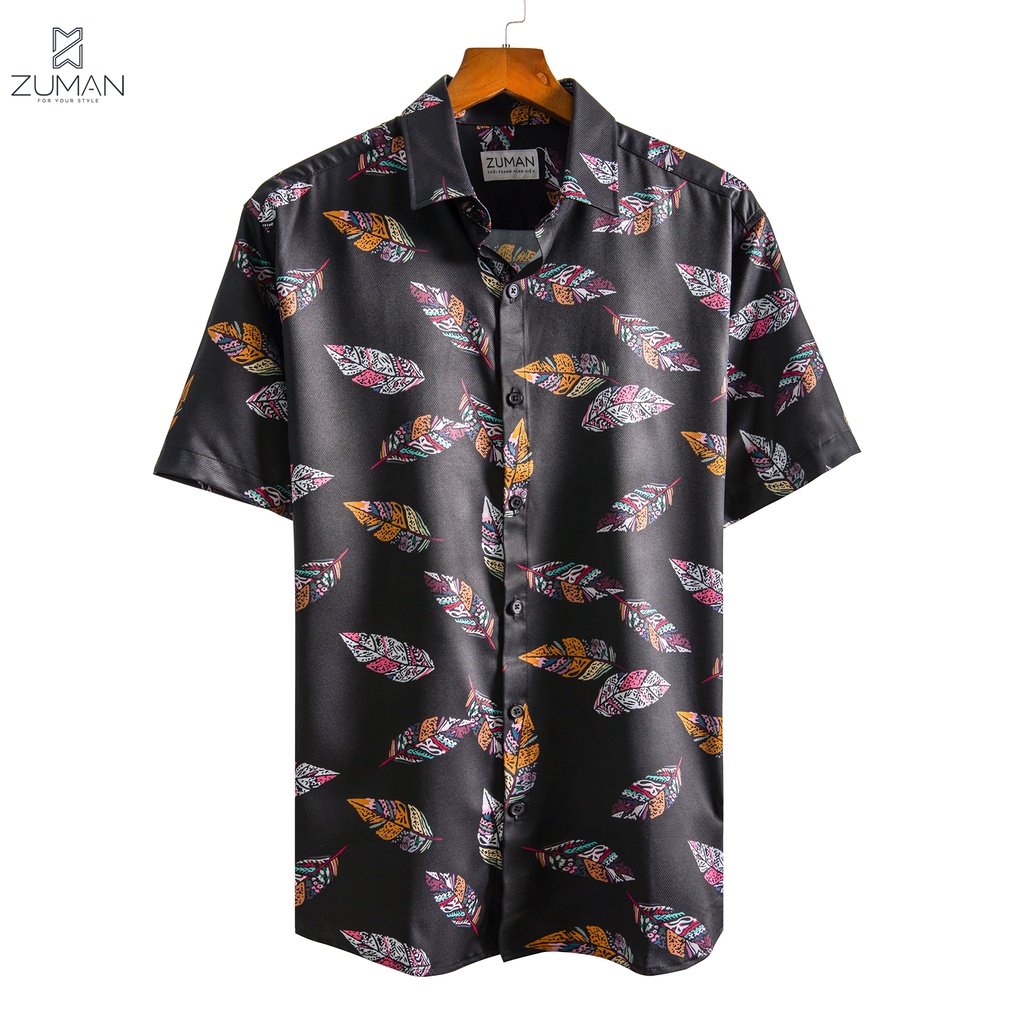 Áo sơ mi nam họa tiết tay ngắn Bird Feather Shirt lông vũ ASM103  ZUMAN lụa vân chéo, thoáng mát, không nhăn