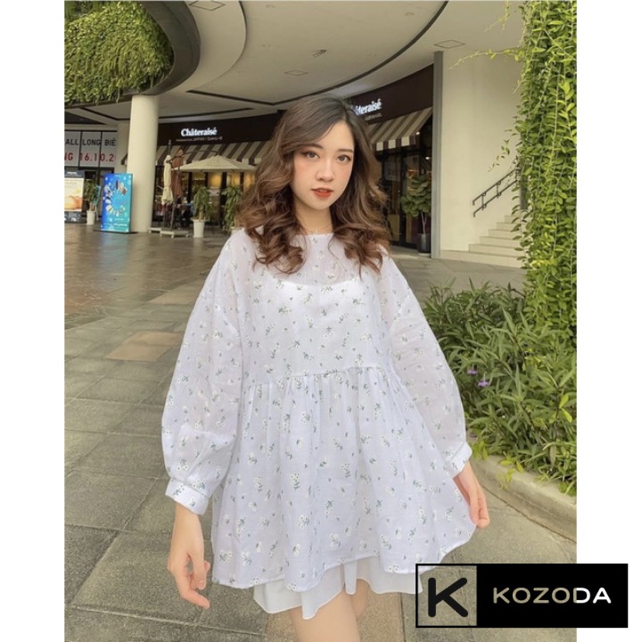 Áo babydoll thêu dáng rộng hoa xanh trắng Kozoda SM35 | BigBuy360 - bigbuy360.vn