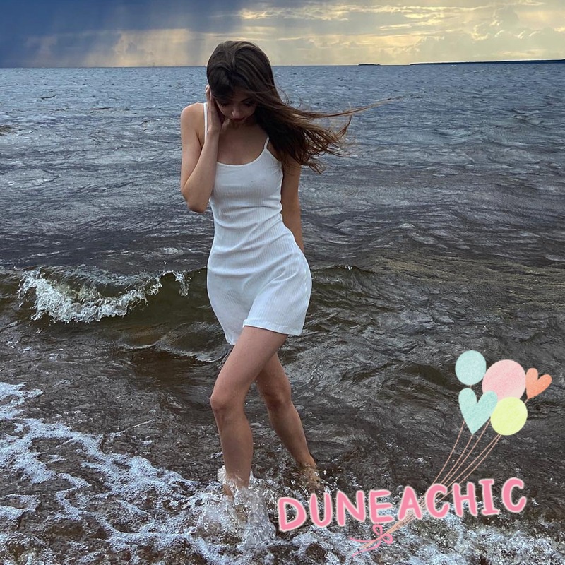 DUNEA Đầm mini hai dây hở lưng màu trơn ngọt ngào cho nữ