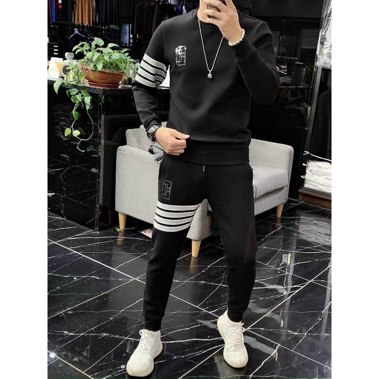 Bộ đồ thu đông nam bóng lót bông mềm mịn kẻ 3 sọc ngang thêu chữ B trước ngực - BD198