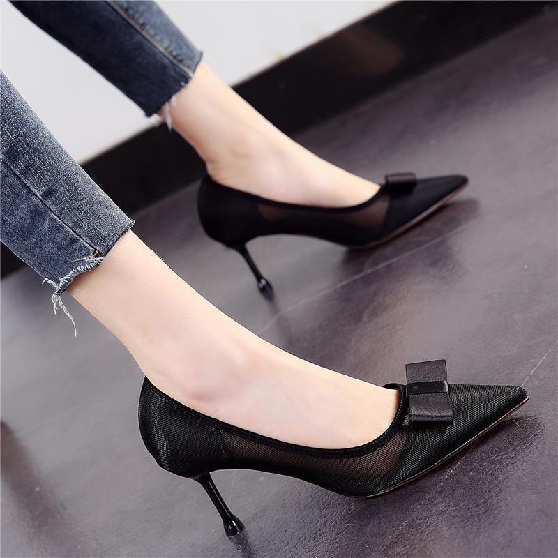 Giày Cao Gót 7CM Mũi Nhọn Phối Lưới Thoáng Khí Đính Nơ Thời Trang Xuân Hè 2021 Cho Nữ