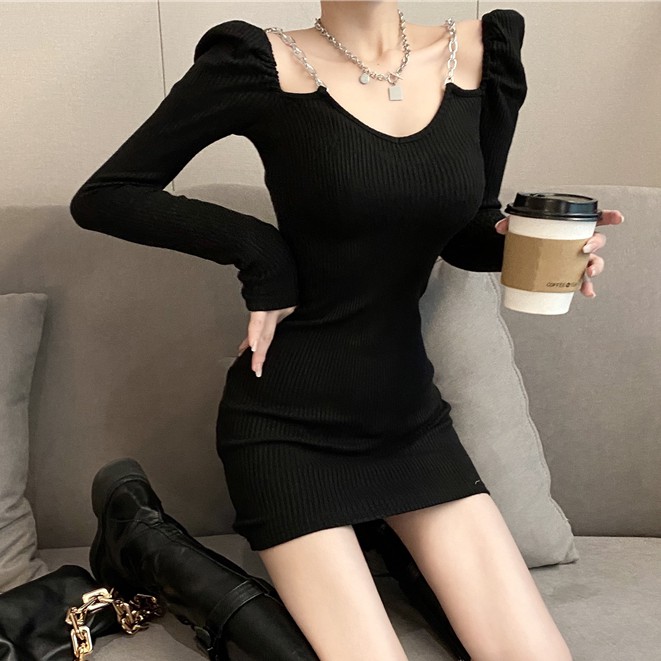 Đầm Dài Tay Cổ Chữ V Ôm Dáng Phối Dây Xích Thời Trang Dành Cho Nữ
