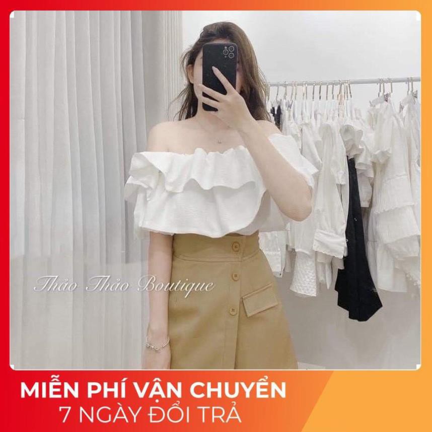 [ 𝐅𝐑𝐄𝐄 𝐒𝐇𝐈𝐏 ] Set Trễ Vai Tay Bồng Mix Chân Váy Cúc Xẻ Chữ A