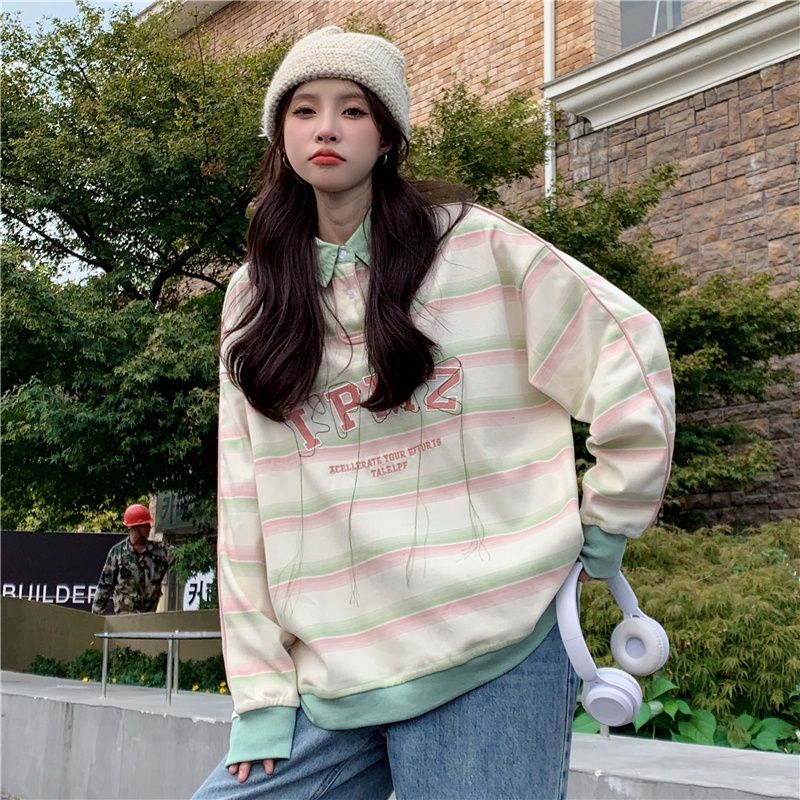 SUXI Áo Thun POLO Dài Tay Họa Tiết Kẻ Sọc Thời Trang Thu Đông Đơn Giản Cho Nữ