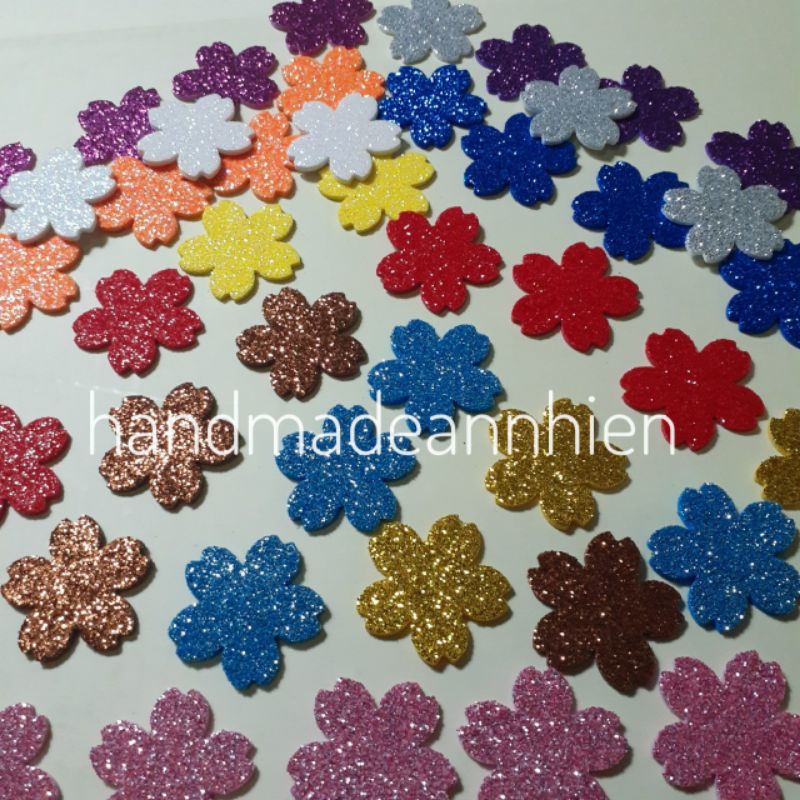 50 - 100 Hoa đào 3.5cm, 2.3cm, bằng giấy xốp kim tuyến - Hình trang trí thiệp, bưu thiếp, phong thư, bao lì xì,...