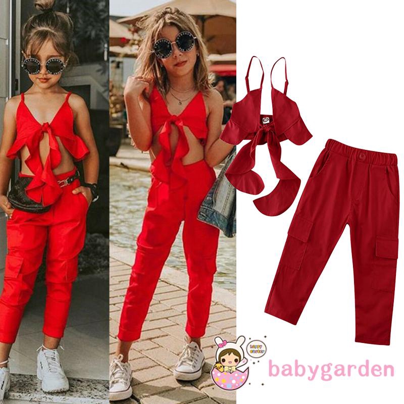 Bộ áo bèo nhún màu đỏ dạng buộc + quần lưng thun thời trang mùa hè cho bé gái