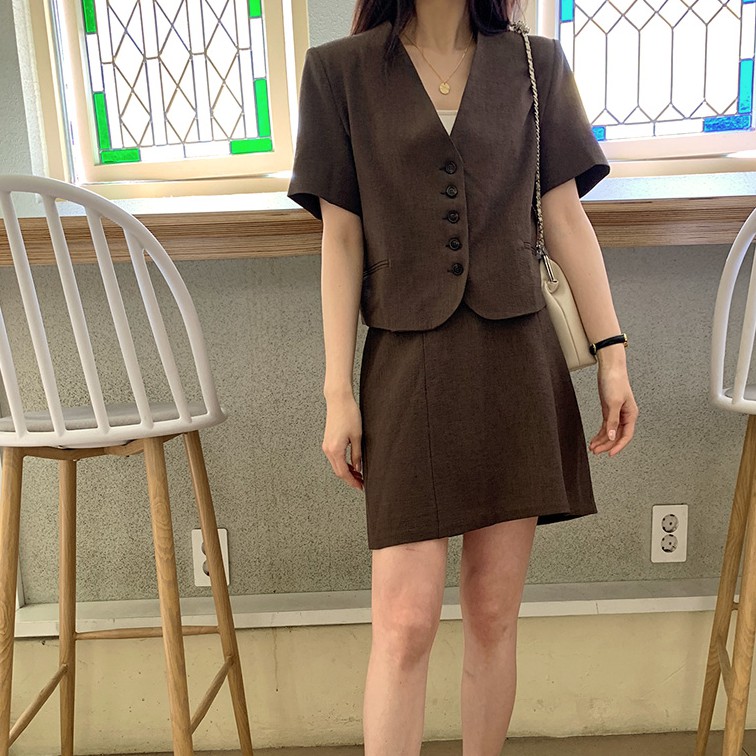 Áo khoác ngắn dáng rộng/ Chân váy eo cao đơn giản phong cách Hàn Quốc retro 43184