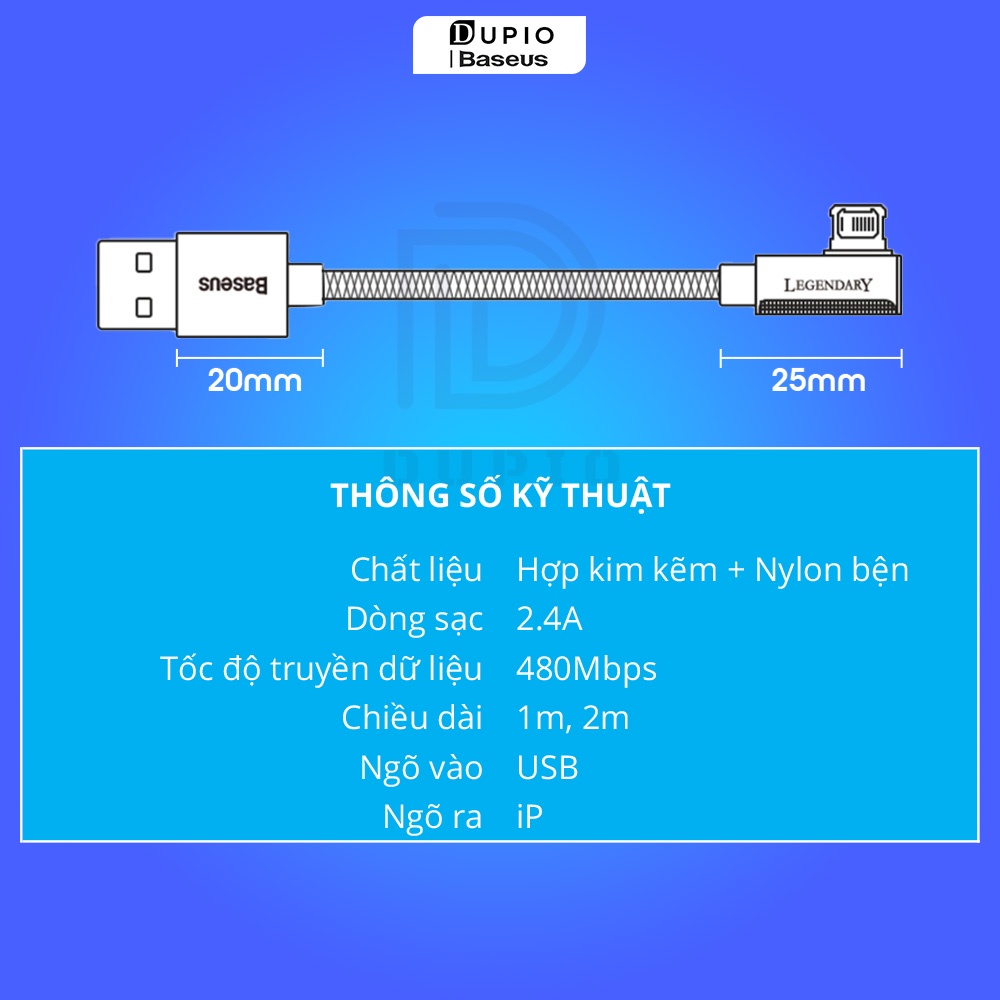 Dây cáp sạc nhanh DUPIO Baseus DS04 USB chữ L 90 độ chống mài mòn có đèn led dành cho gaming