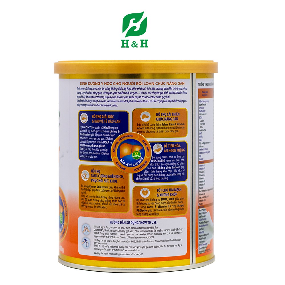 Sữa dinh dưỡng Y học NUTRICARE LIVER dinh dưỡng tối ưu cho người rối loạn chức năng gan - 400g