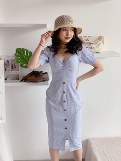 Đầm Caro Nút Gỗ Nhún Ngực