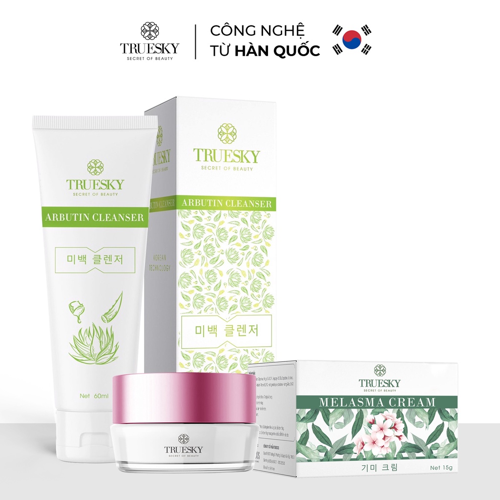Bộ sản phẩm làm mờ nám da mặt Truesky V01 gồm 1 kem giảm nám da Melasma Cream 15g và một sữa rửa mặt nha đam 60ml
