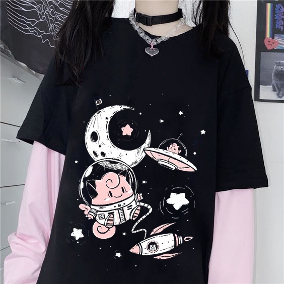 Pokémon Pippi cute pink printed O-neck T-shirt loose oversized casual Japanese top