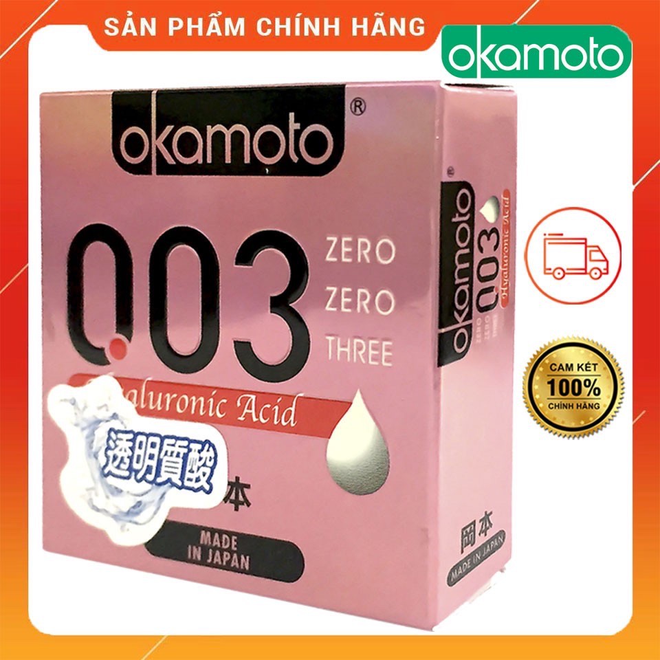 Bao Cao Su Okamoto 0.03 Hyaluronic Acid, Siêu Mỏng, Dưỡng Ẩm Và Bôi Trơn (Hộp 3C)