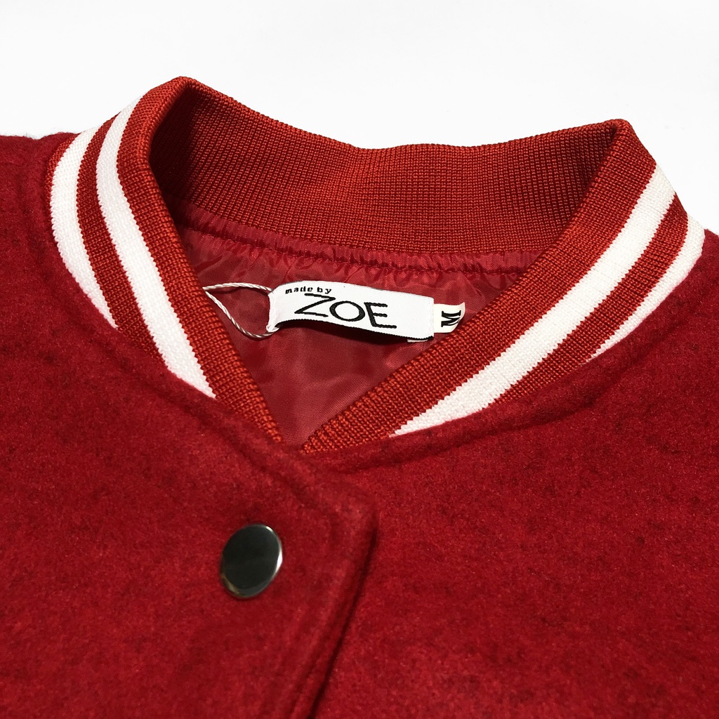 áo BOMBER khoác đỏ unisex chất dạ cao cấp, áo khoác dạ phối viền trắng, ZoeClothing