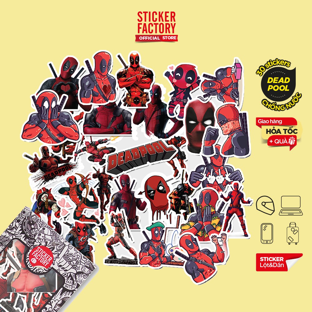 Hộp set 30 sticker decal hình dán nón bảo hiểm , laptop, xe máy, ô tô STICKER FACTORY - Deadpool