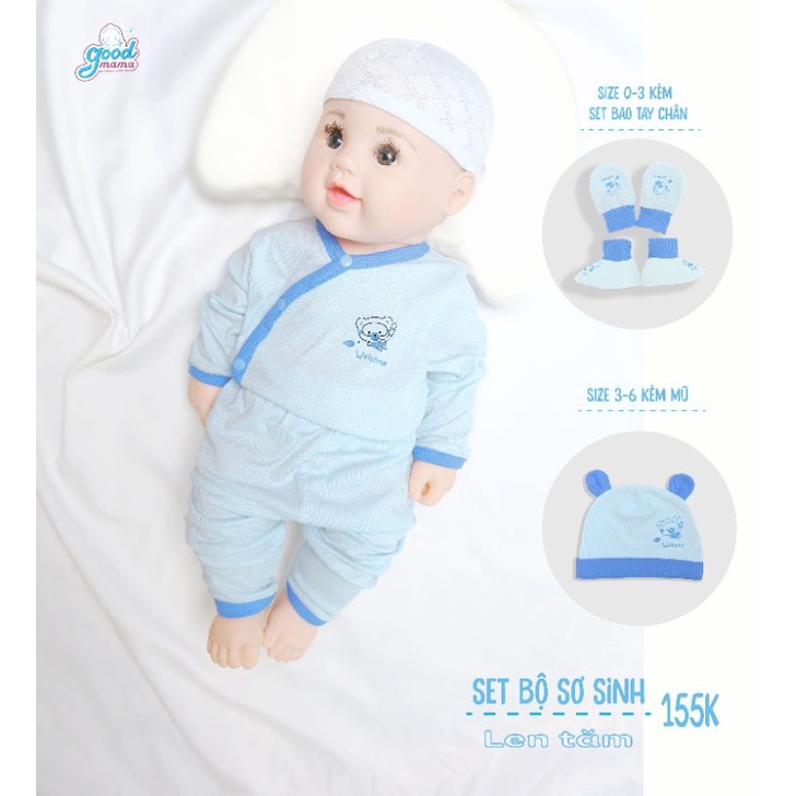 Goodmama - SET Bộ dài tay cài chéo vải tăm tặng kèm mũ, bao tay chân