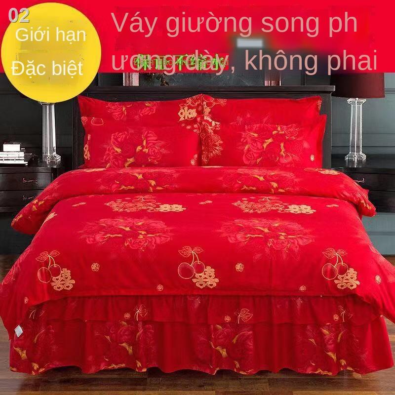 Bốn mảnh thiết lập ☽Bốn mảnh hai mặt dày giường chà nhám váy cưới chăn bông bìa đơn và đôi như bộ đồ cotton
