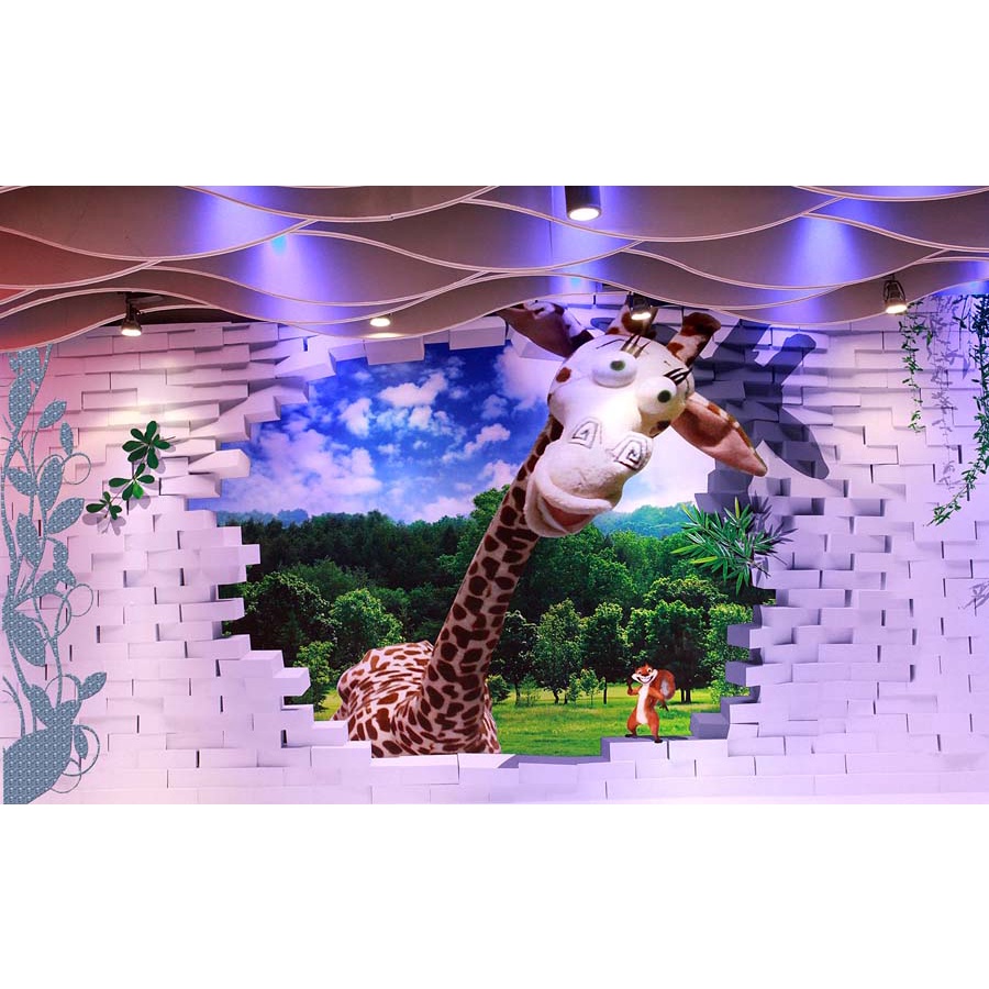 Tranh Dán Tường Hoạt Hình cá heo, hươu cao cổ, gấu trúc 3D